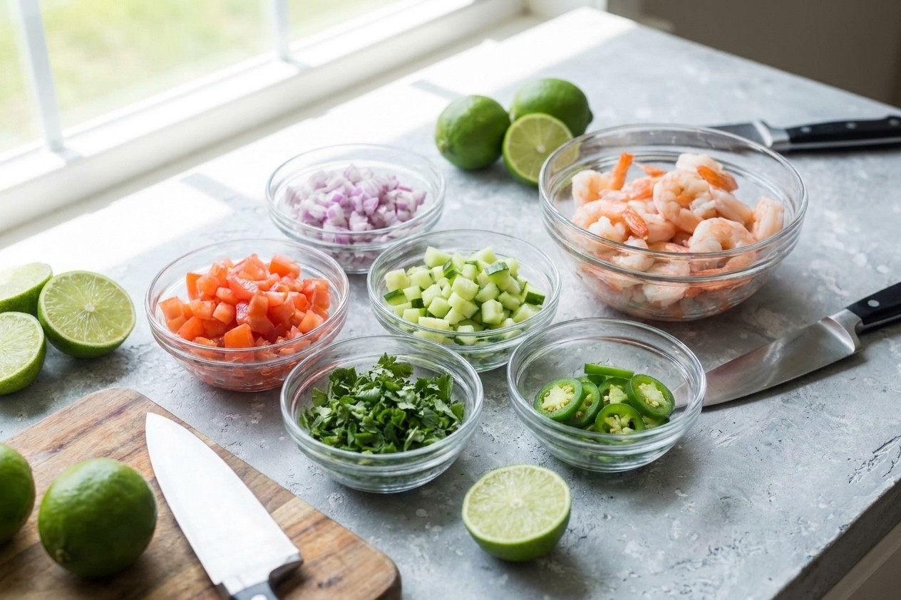 Bowls of chopped tomato, red onion, cucumber, cilantro, jalapeño, peeled shrimp, and limes arranged on a tidy kitchen counter in bright natural light