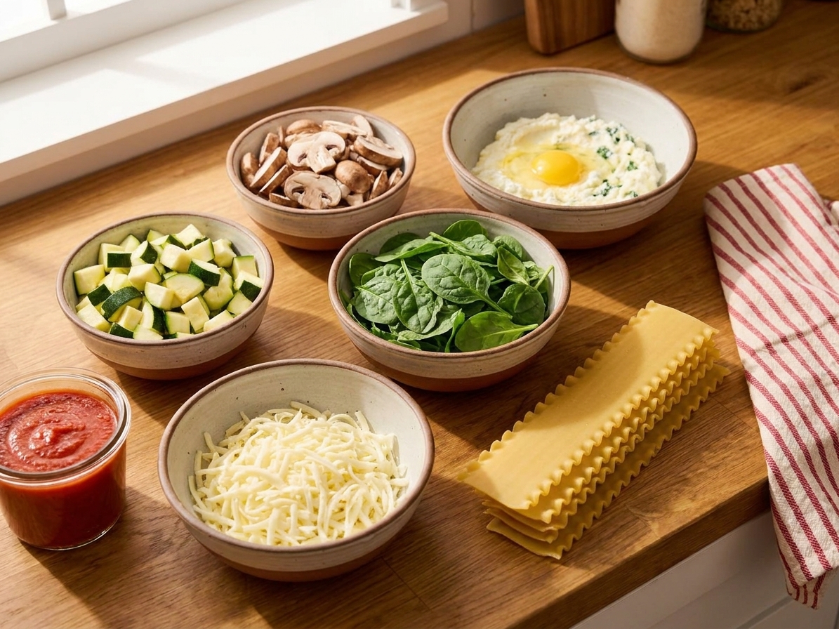 Bowls of chopped zucchini, mushrooms, spinach, ricotta, shredded mozzarella, marinara sauce, and lasagna noodles arranged on a tidy kitchen counter