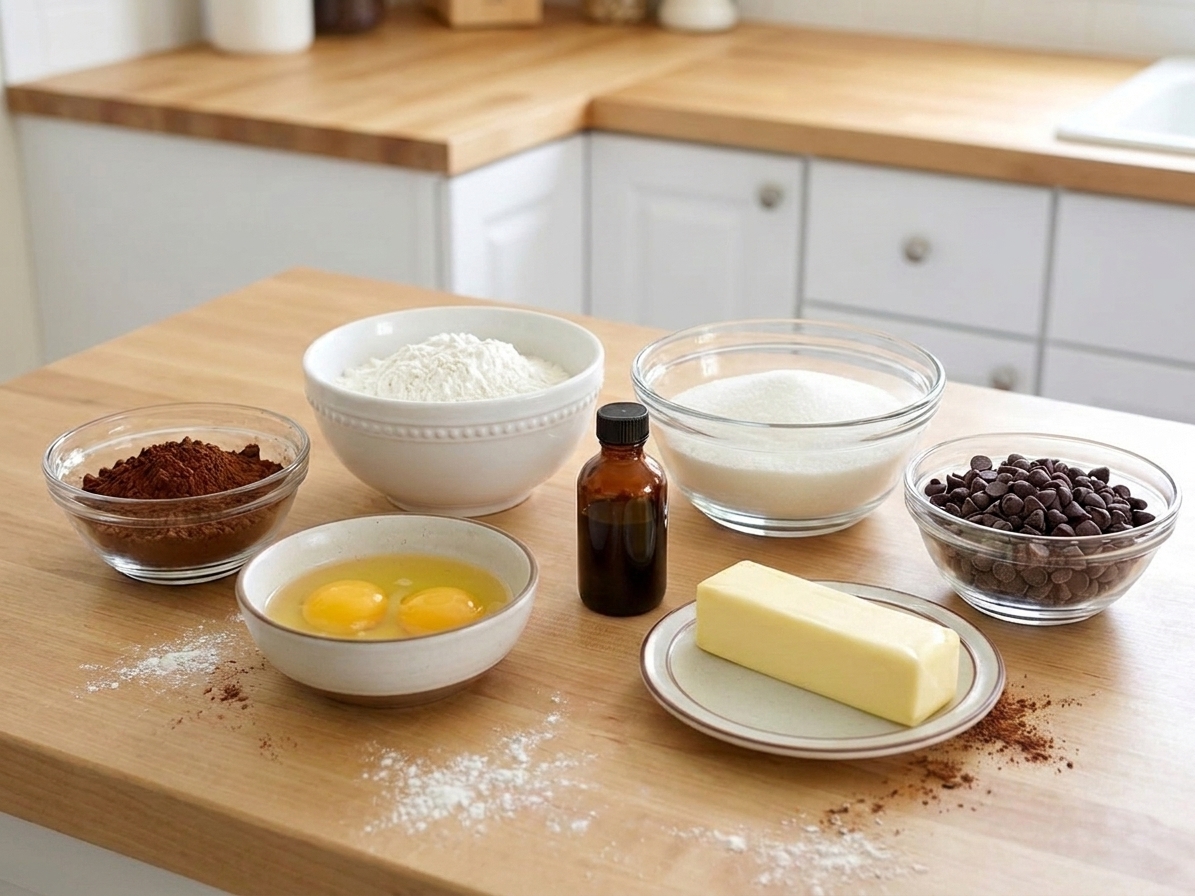 Bowls of cocoa powder, flour, sugar, chocolate chips, eggs, vanilla, and melted butter arranged on a tidy kitchen counter with warm natural light
