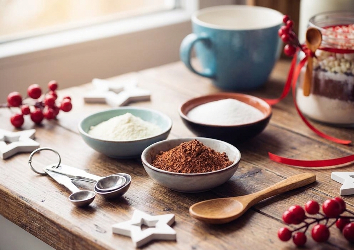 Bowls of cocoa powder, granulated sugar, and powdered milk arranged on a kitchen counter with measuring spoons