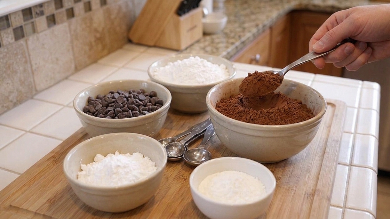 Bowls of cocoa powder, powdered sugar, chocolate chips, and cornstarch arranged on a kitchen counter with measuring spoons
