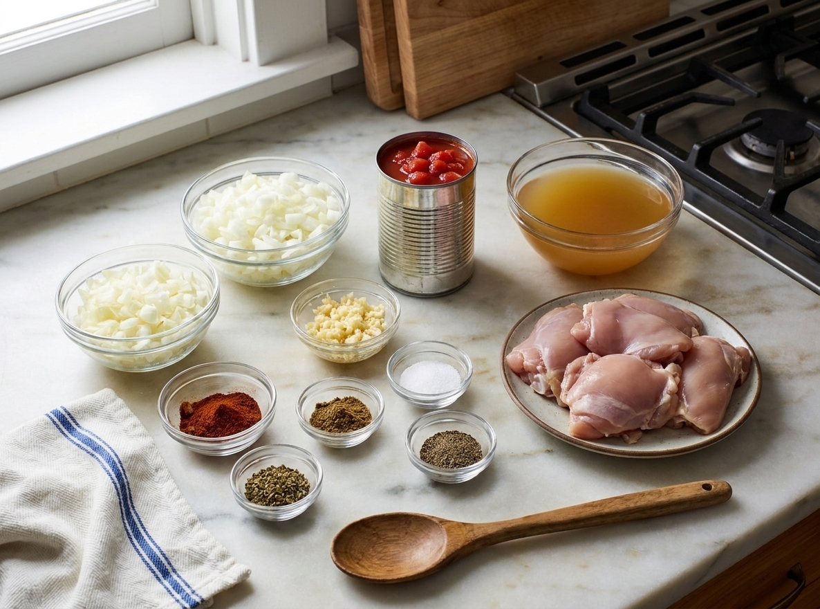 Bowls of common slow cooker chicken ingredients on a kitchen counter including onions, garlic, canned tomatoes, chicken broth, spices, and raw chicken thighs