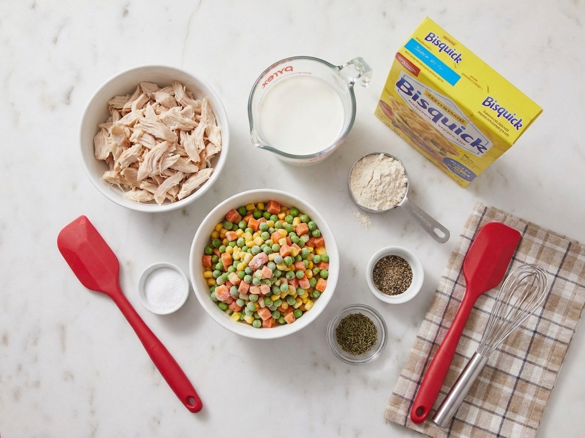 Bowls of cooked chicken, frozen mixed vegetables, Bisquick mix, milk, and seasonings arranged on a bright kitchen counter