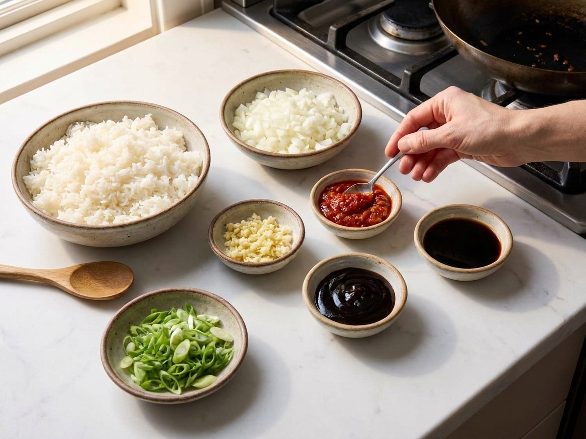 Bowls of cooked rice, chopped onion, minced garlic, sambal, kecap manis, soy sauce, and sliced green onions laid out on a clean kitchen counter with warm lighting