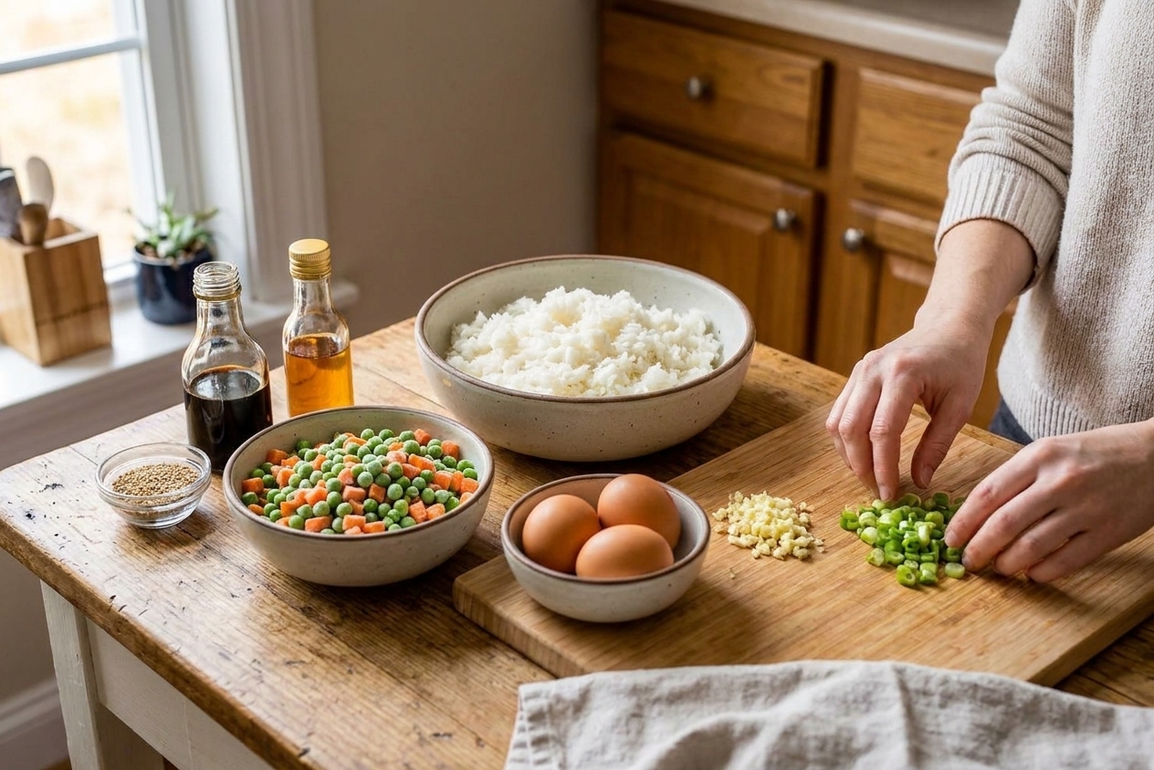 Bowls of cooked rice, frozen peas and carrots, soy sauce, sesame oil, eggs, garlic, and scallions arranged on a tidy kitchen counter