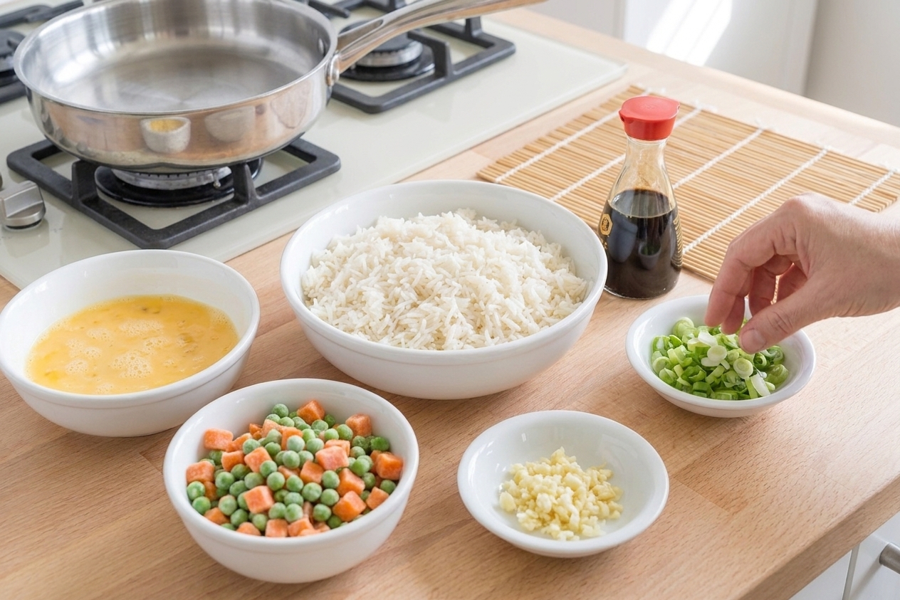 Bowls of cooked rice, soy sauce, eggs, frozen peas and carrots, minced garlic, and sliced green onions arranged on a kitchen counter