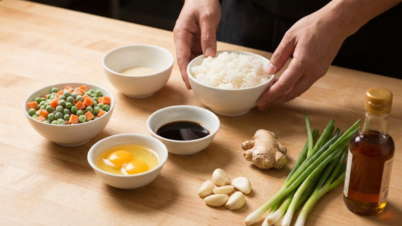 Bowls of cooked rice, soy sauce, frozen peas and carrots, eggs, garlic, ginger, scallions, and sesame oil arranged on a light kitchen counter