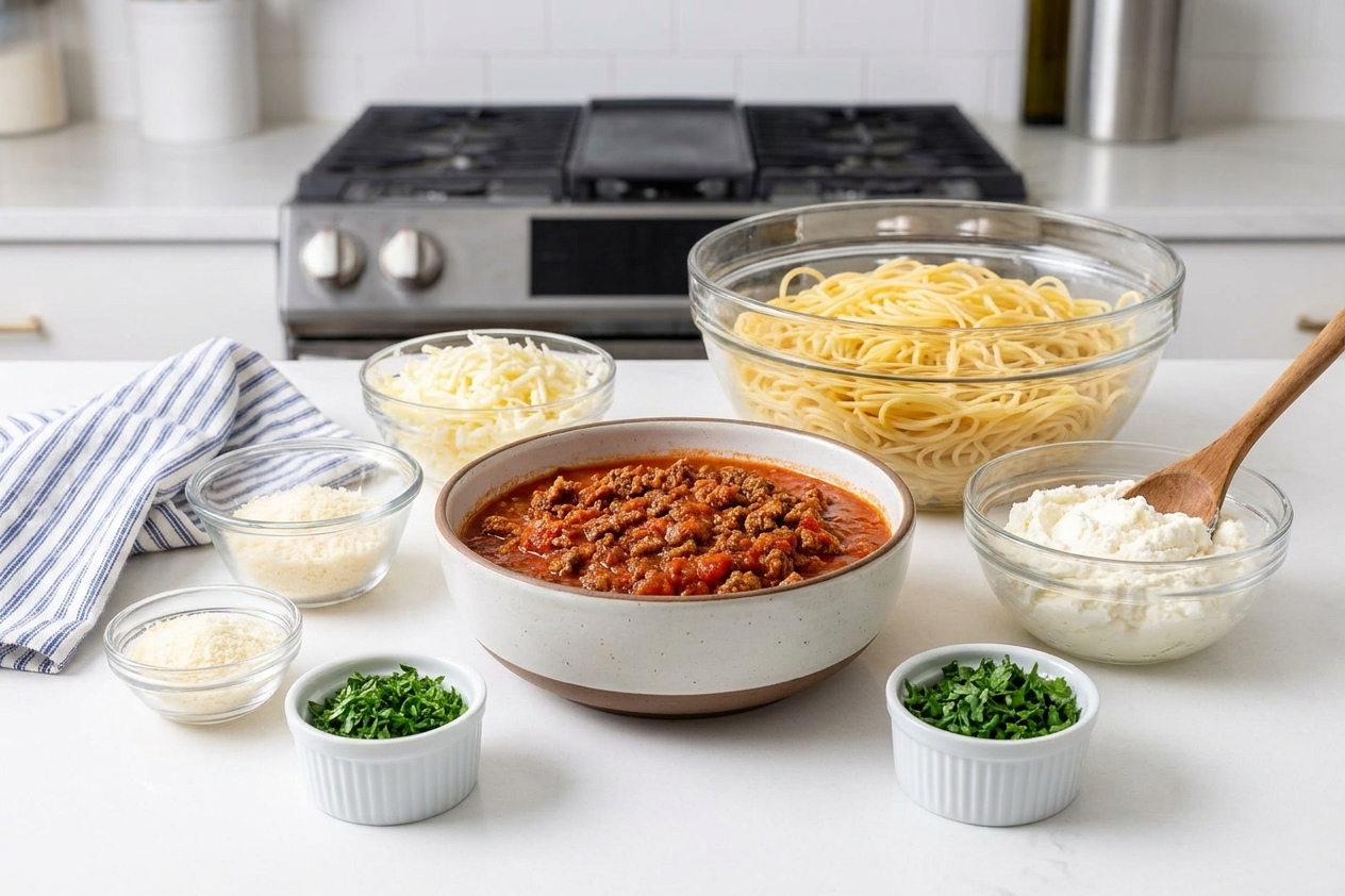 Bowls of cooked spaghetti, marinara sauce, ground beef, ricotta, shredded mozzarella, grated parmesan, and chopped parsley arranged on a bright kitchen counter