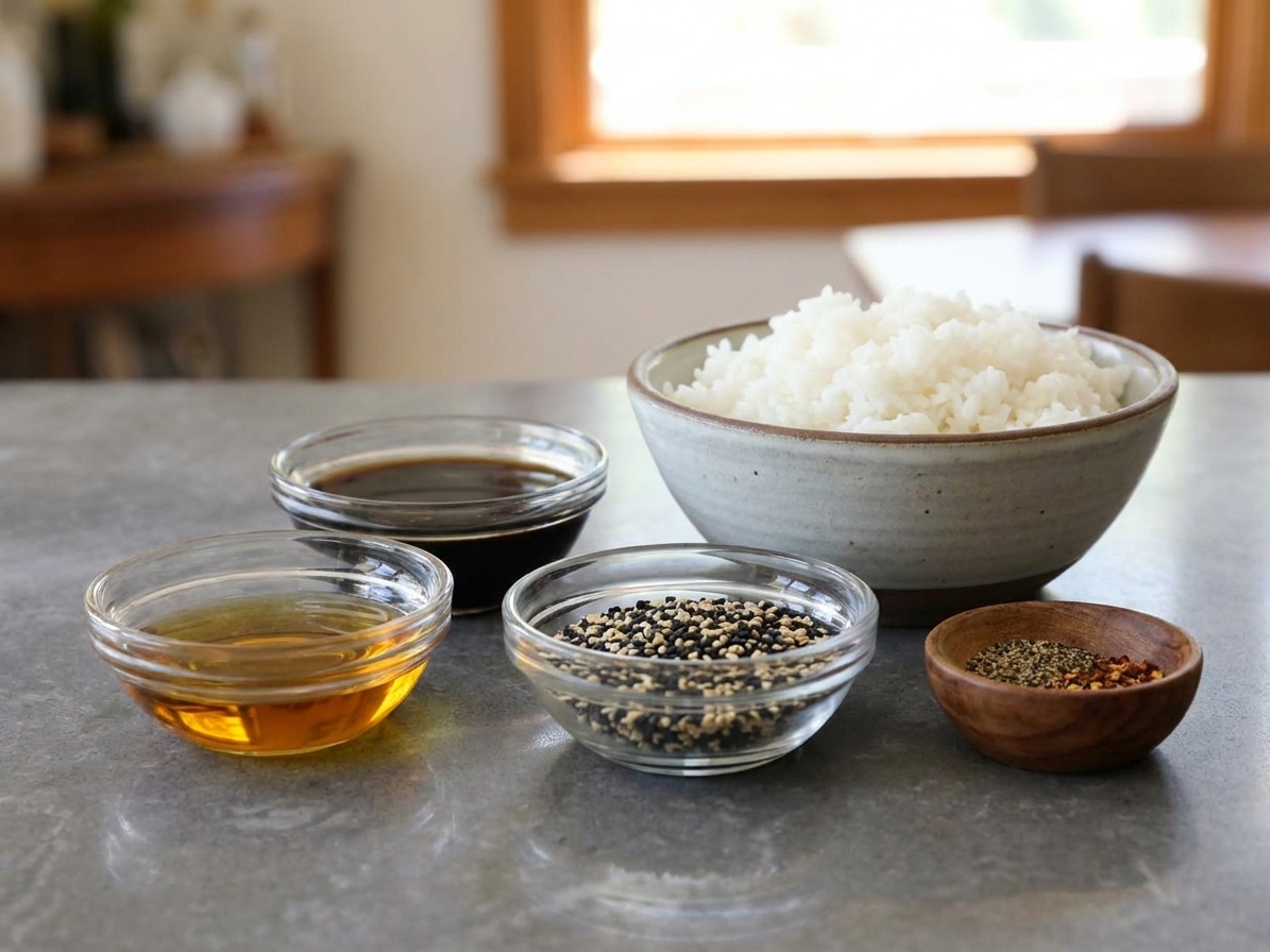 Bowls of cooked white rice, soy sauce, sesame oil, sesame seeds, and spices arranged on a clean kitchen counter, ready for homemade rice crackers