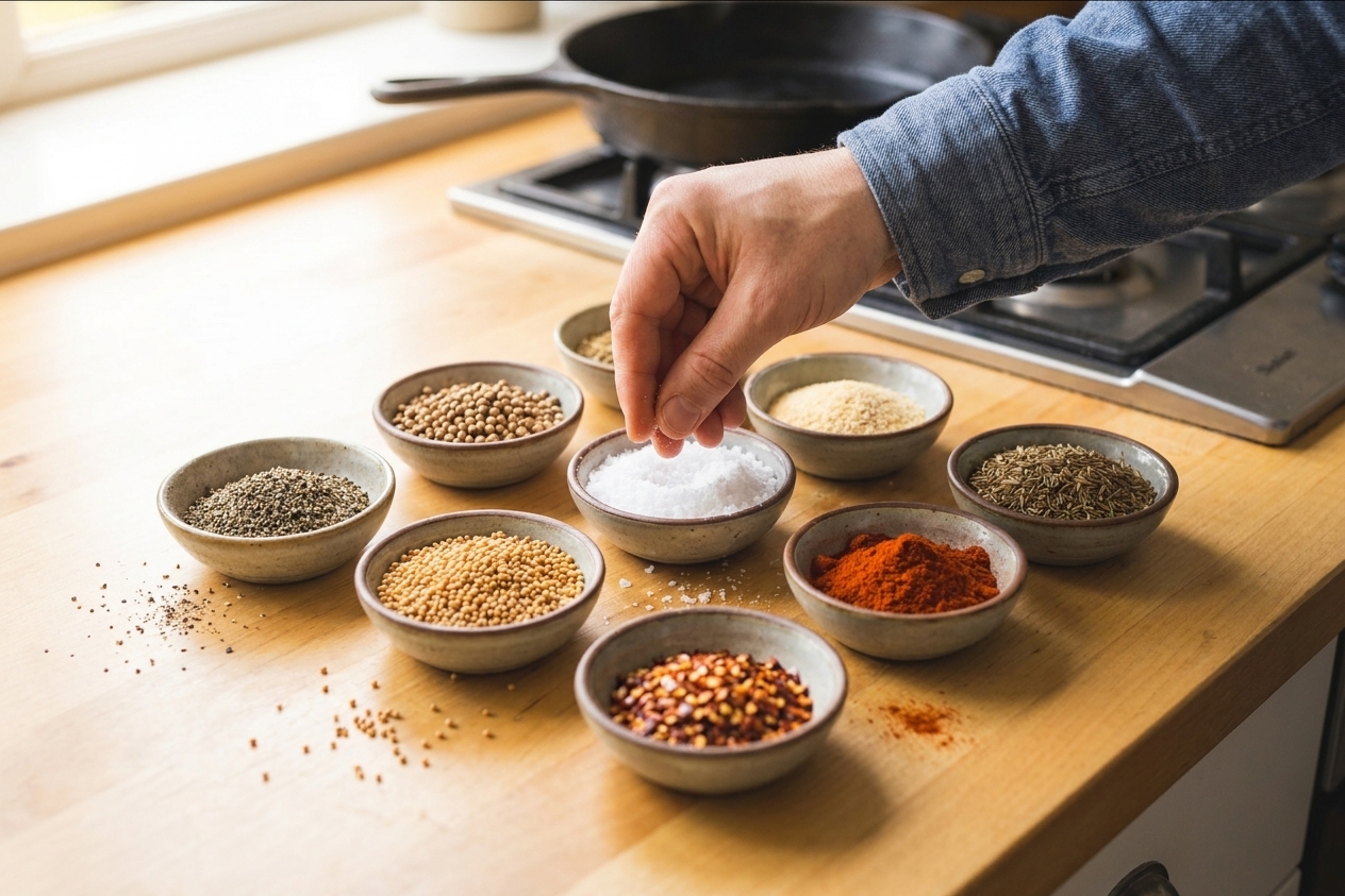 Bowls of cracked black pepper, kosher salt, granulated garlic, coriander seeds, dill seed, mustard seed, paprika, and red pepper flakes arranged on a bright kitchen counter