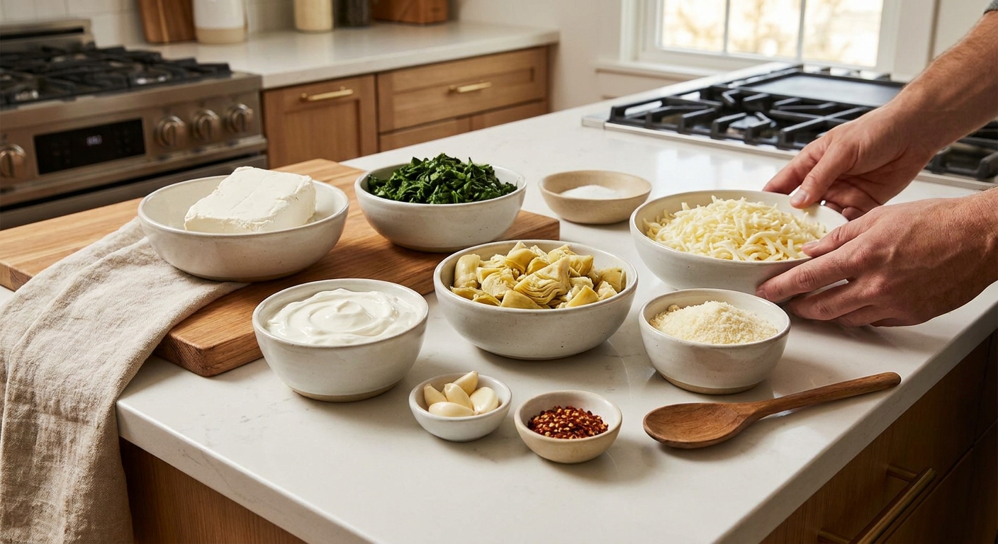 Bowls of cream cheese, sour cream, chopped spinach, chopped artichokes, shredded mozzarella, grated Parmesan, garlic, and red pepper flakes arranged on a clean kitchen counter with a wooden spoon
