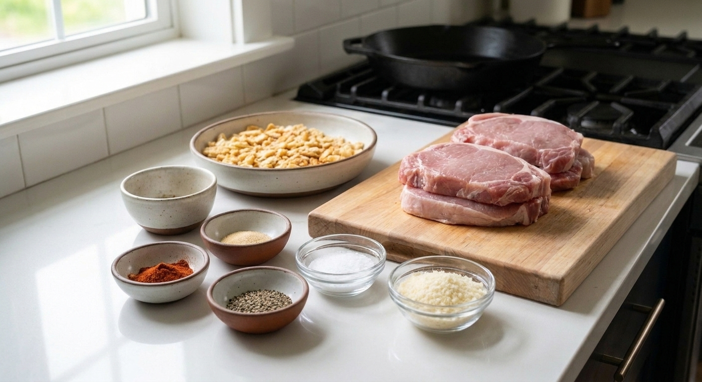 Bowls of crushed crackers, paprika, garlic powder, black pepper, salt, and grated Parmesan arranged on a kitchen counter beside raw pork chops