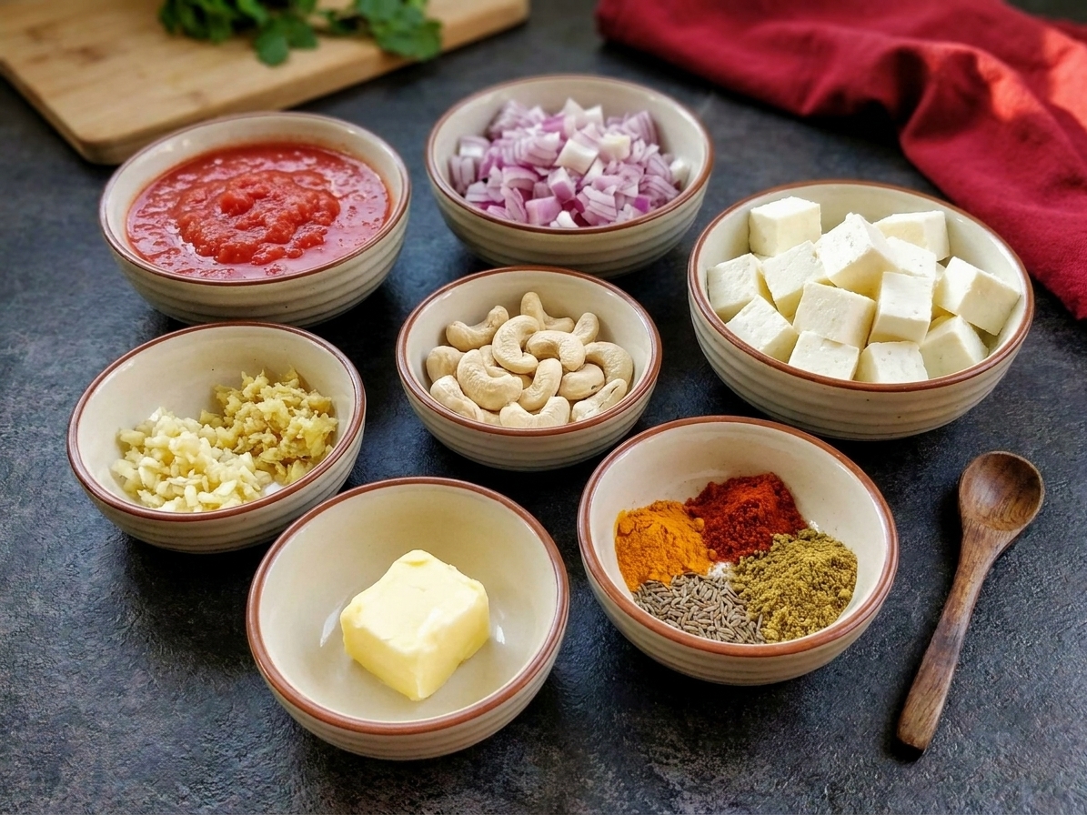Bowls of crushed tomatoes, chopped onion, garlic, ginger, cashews, paneer cubes, butter, and assorted Indian spices arranged on a clean kitchen counter