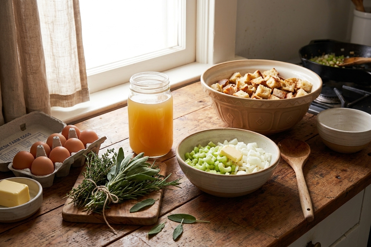 Bowls of cubed bread, chopped celery and onion, butter, broth, eggs, and fresh herbs arranged on a bright kitchen counter