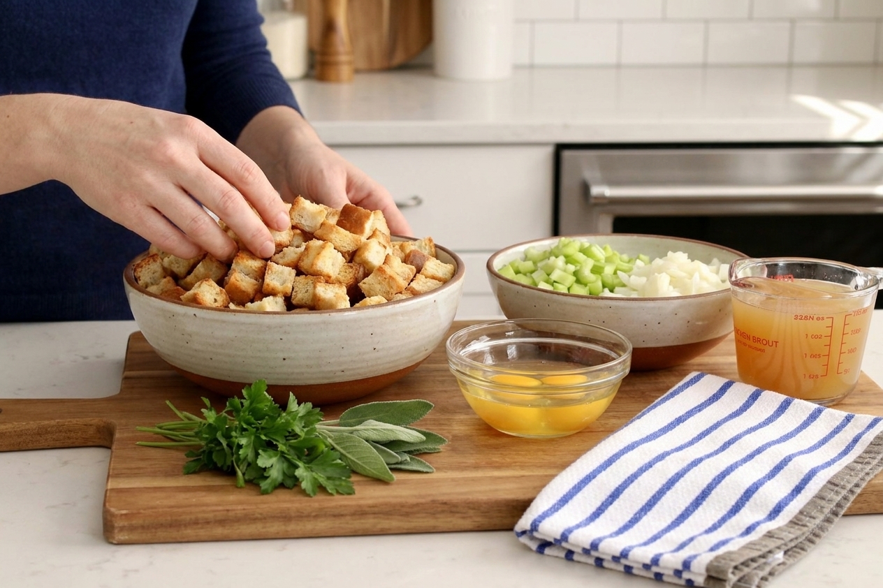 Bowls of cubed bread, chopped celery and onion, herbs, eggs, and broth arranged on a tidy kitchen counter with warm lighting