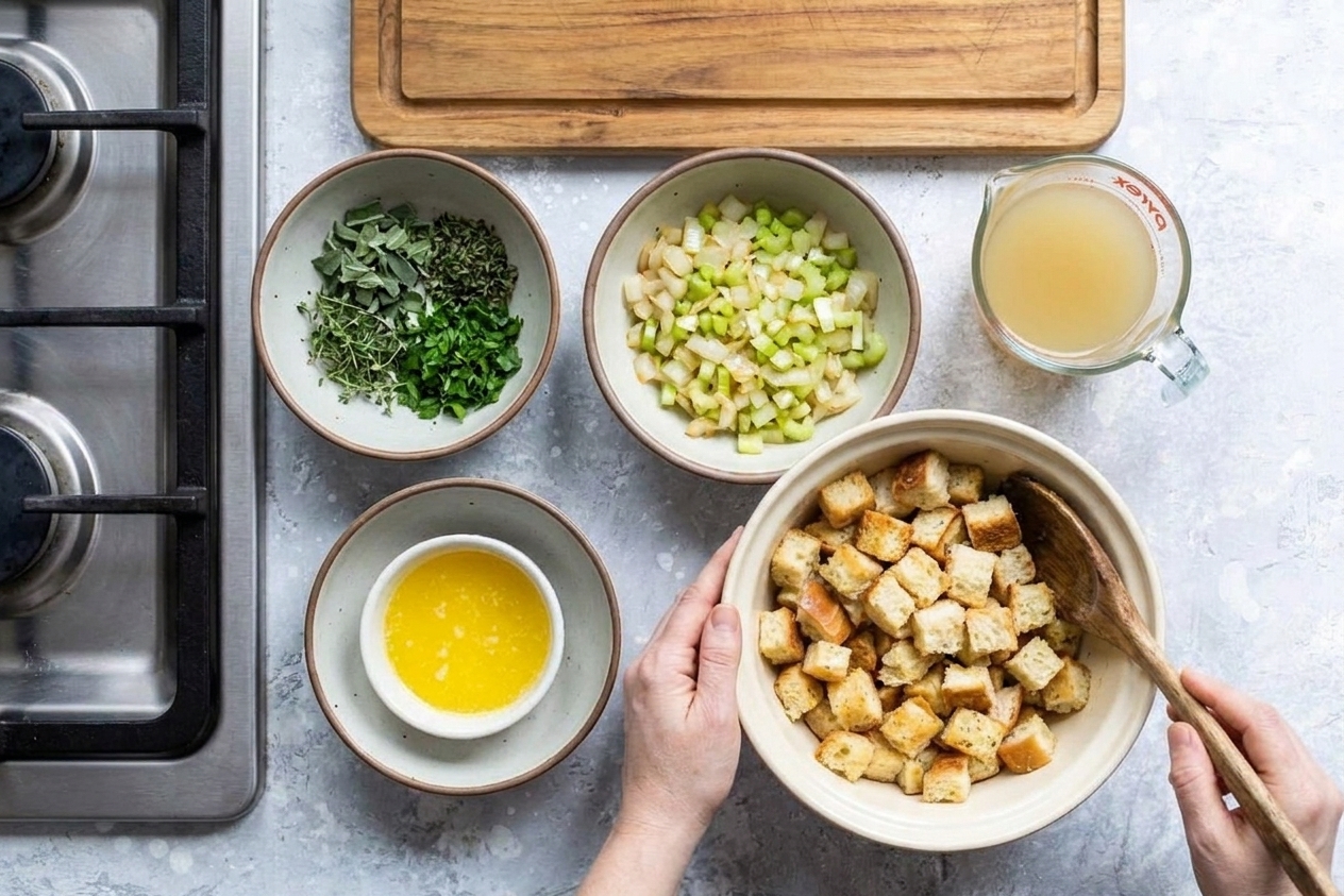 Bowls of cubed dried bread, chopped onion, celery, fresh herbs, melted butter, and chicken stock arranged on a bright kitchen counter