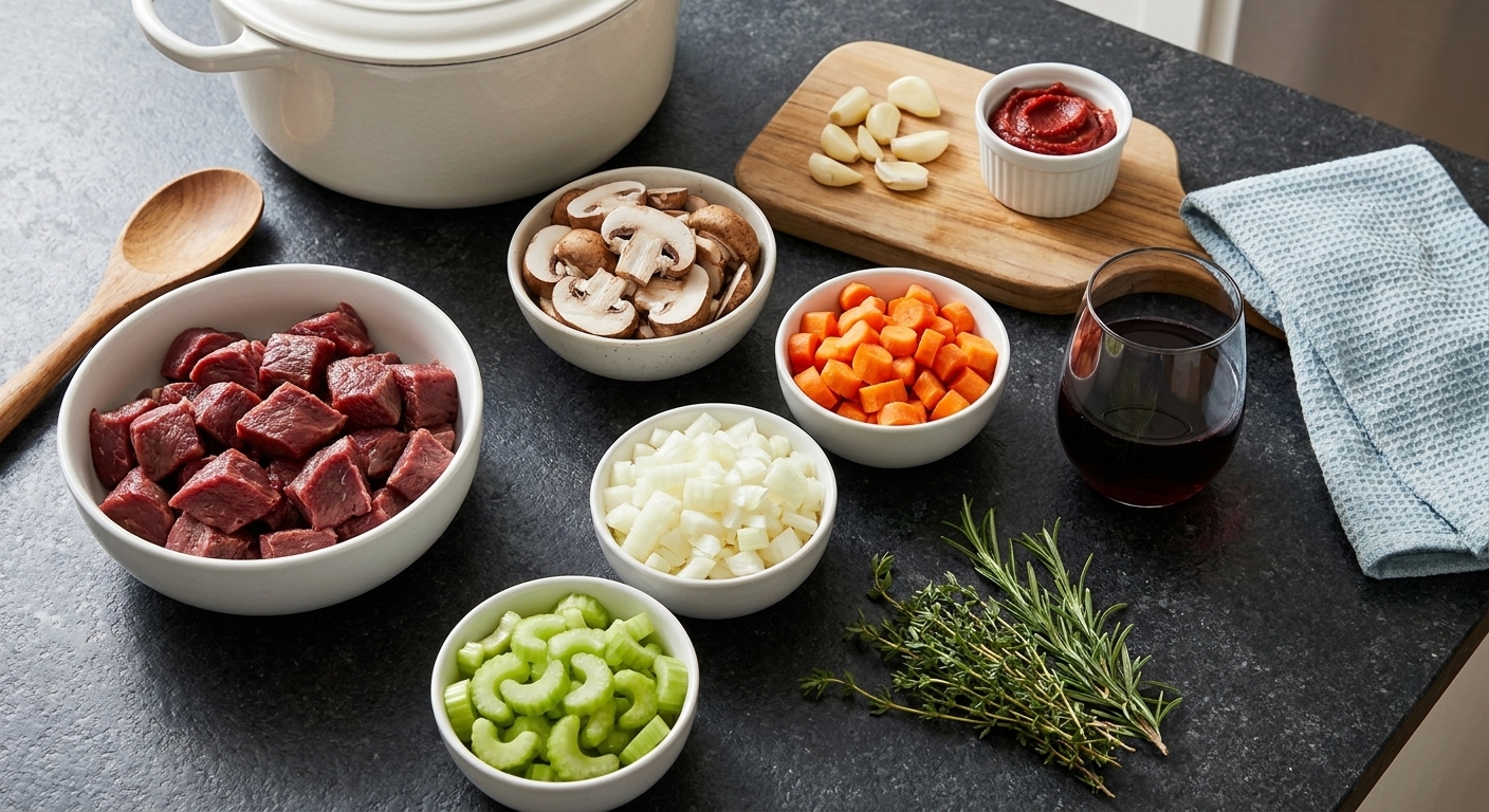Bowls of cubed venison, sliced mushrooms, diced onions, carrots, celery, garlic, tomato paste, red wine, and herbs arranged and ready for cooking