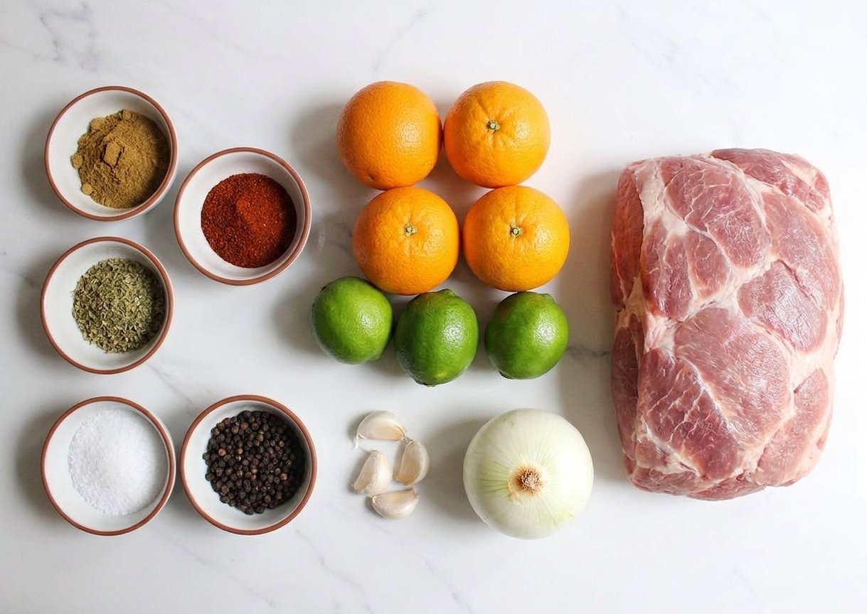 Bowls of cumin, chili powder, oregano, salt, and pepper beside oranges, limes, garlic, onion, and a pork shoulder on a clean kitchen counter