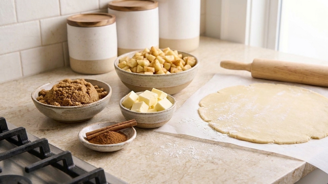 Bowls of diced apples, brown sugar, cinnamon, butter, and rolled pie dough arranged on a bright kitchen counter