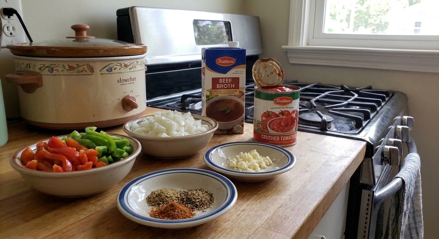 Bowls of diced bell peppers, onion, garlic, a can of crushed tomatoes, broth, and spices arranged on a kitchen counter