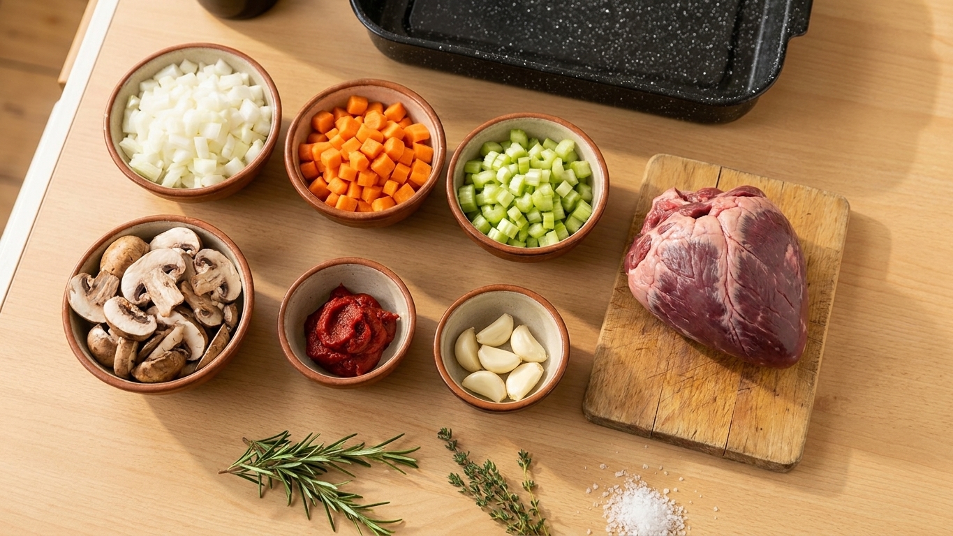 Bowls of diced onion, carrot, celery, sliced mushrooms, tomato paste, garlic, and a trimmed beef heart arranged on a light kitchen counter for cooking