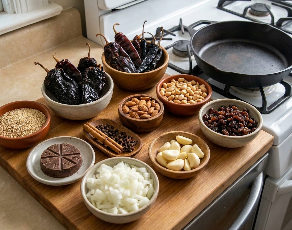 Bowls of dried chiles, sesame seeds, nuts, raisins, spices, garlic, onion, and Mexican chocolate arranged on a kitchen counter with warm natural light