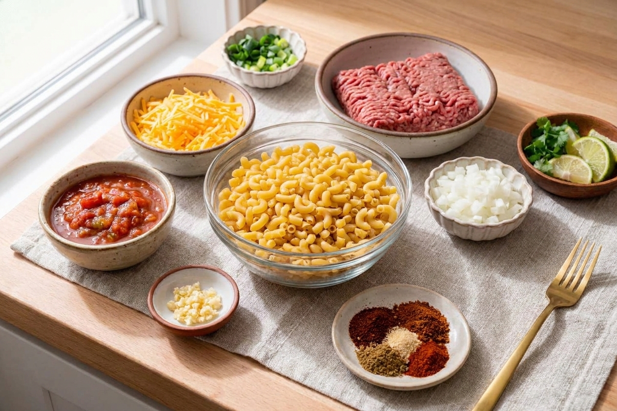 Bowls of dry elbow pasta, ground beef, shredded cheddar, salsa, diced onion, minced garlic, and spices arranged on a bright kitchen counter