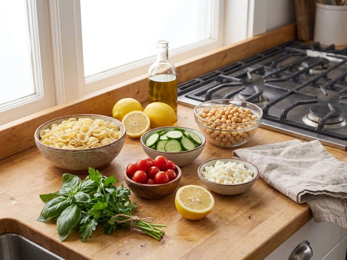 Bowls of dry pasta, cherry tomatoes, cucumber, chickpeas, feta, lemons, olive oil, and fresh herbs arranged on a clean kitchen counter