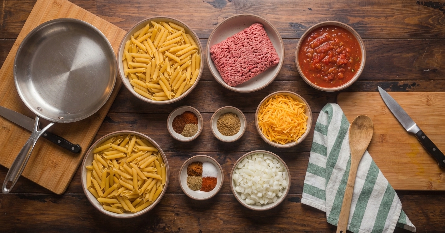 Bowls of dry pasta, ground beef, salsa, shredded cheese, diced onion, and spices laid out on a tidy kitchen counter