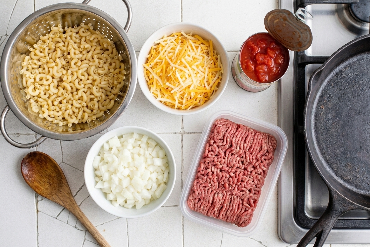 Bowls of dry pasta, shredded cheddar, diced onion, ground beef, and canned tomatoes arranged on a bright kitchen counter