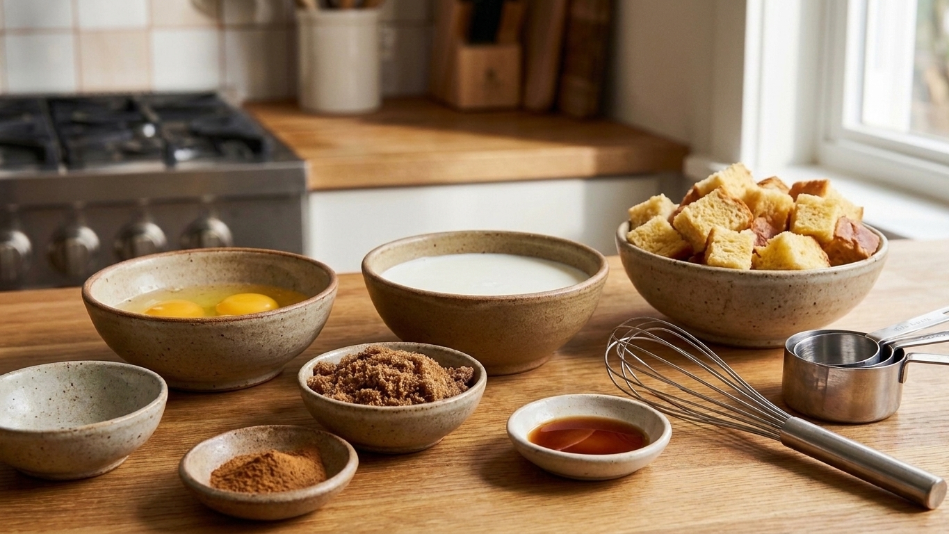 Bowls of eggs, milk, brown sugar, cinnamon, vanilla, and cubes of bread arranged on a clean kitchen counter with a whisk and measuring cups