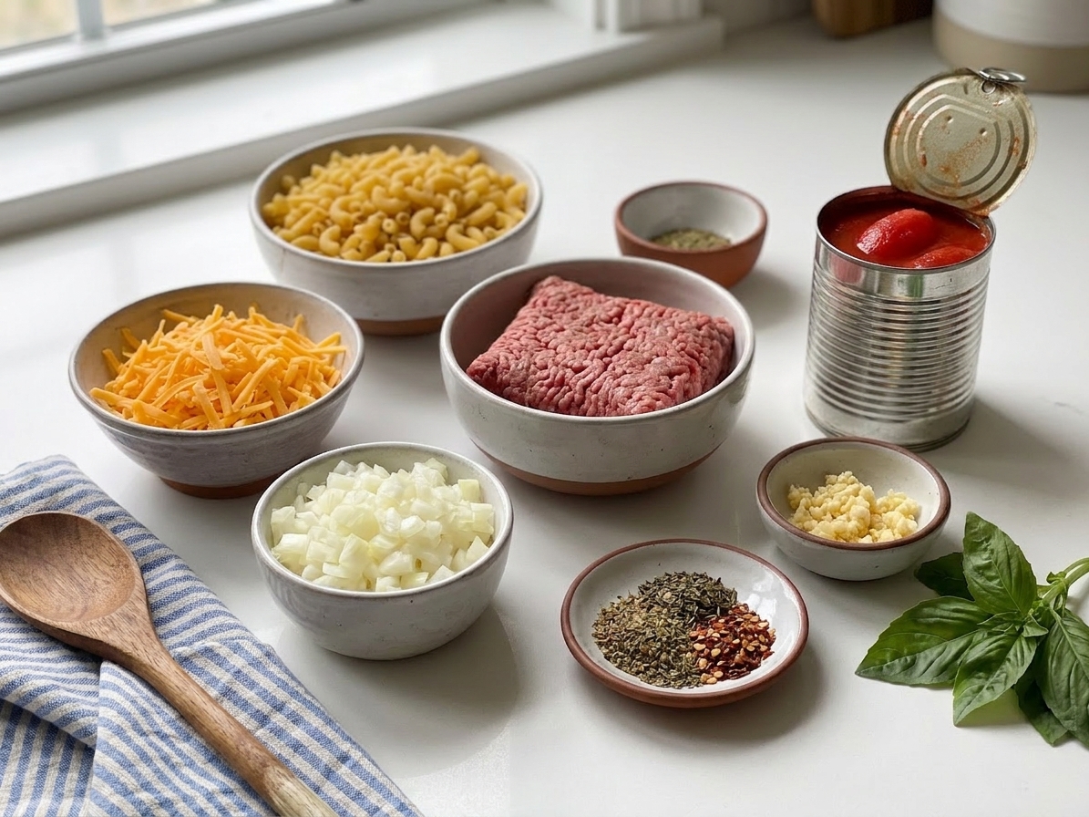 Bowls of elbow macaroni, shredded cheddar, ground beef, diced onion, minced garlic, canned tomatoes, and spices arranged on a clean kitchen counter in bright natural light