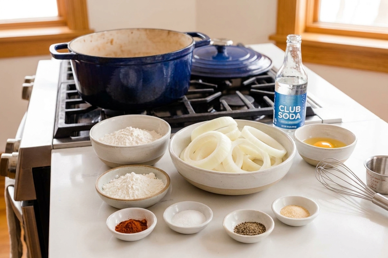 Bowls of flour and cornstarch, sliced sweet onions, spices, club soda, and an egg arranged on a clean kitchen counter with a Dutch oven nearby
