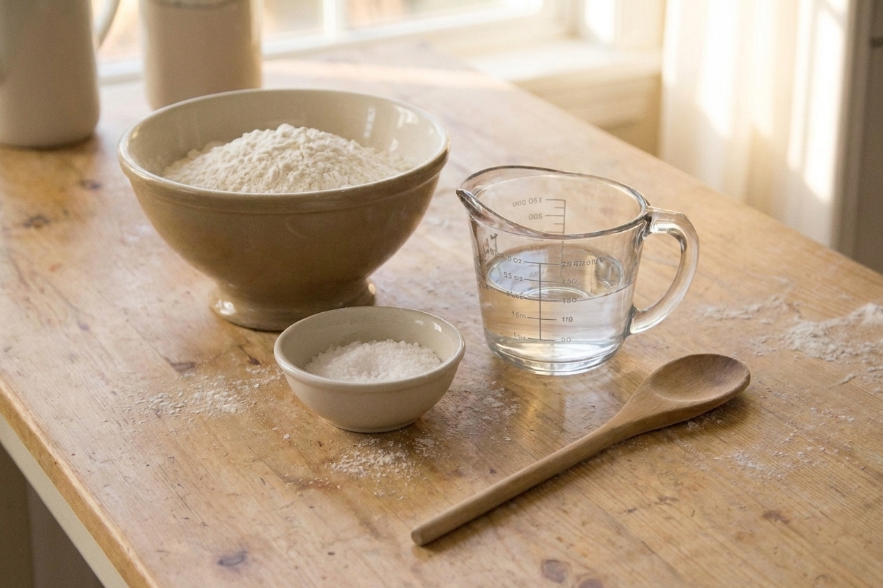 Bowls of flour and salt with a measuring cup of water and a wooden spoon arranged on a clean kitchen counter
