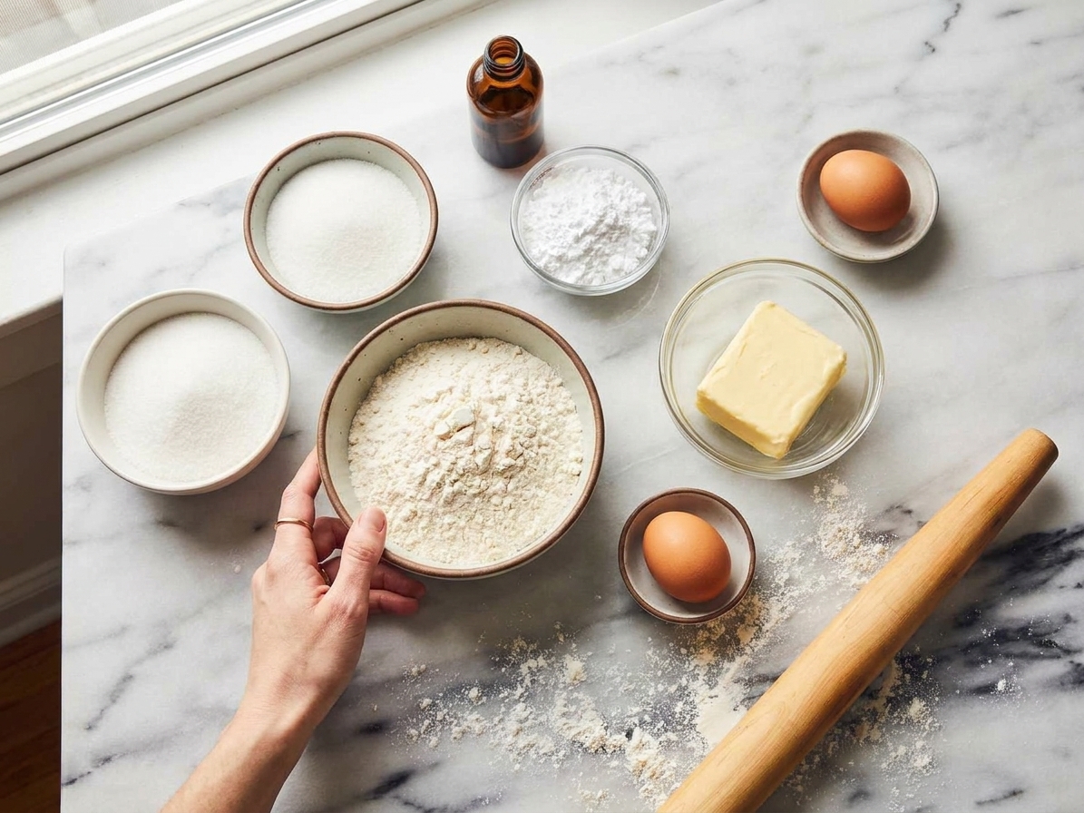 Bowls of flour and sugar, softened butter, an egg, vanilla, and powdered sugar arranged on a tidy kitchen counter for baking