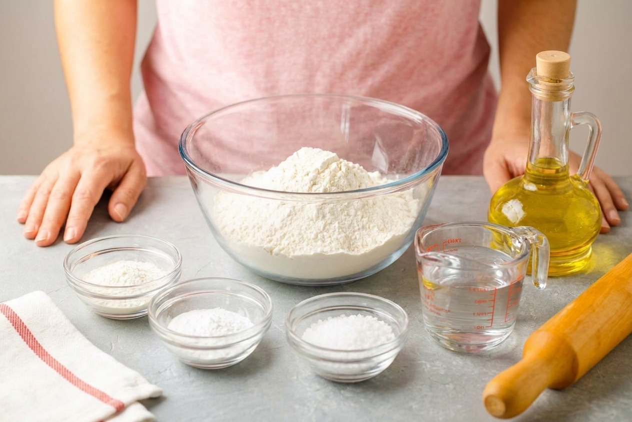 Bowls of flour, baking powder, salt, olive oil, and a measuring cup of water arranged on a clean kitchen counter