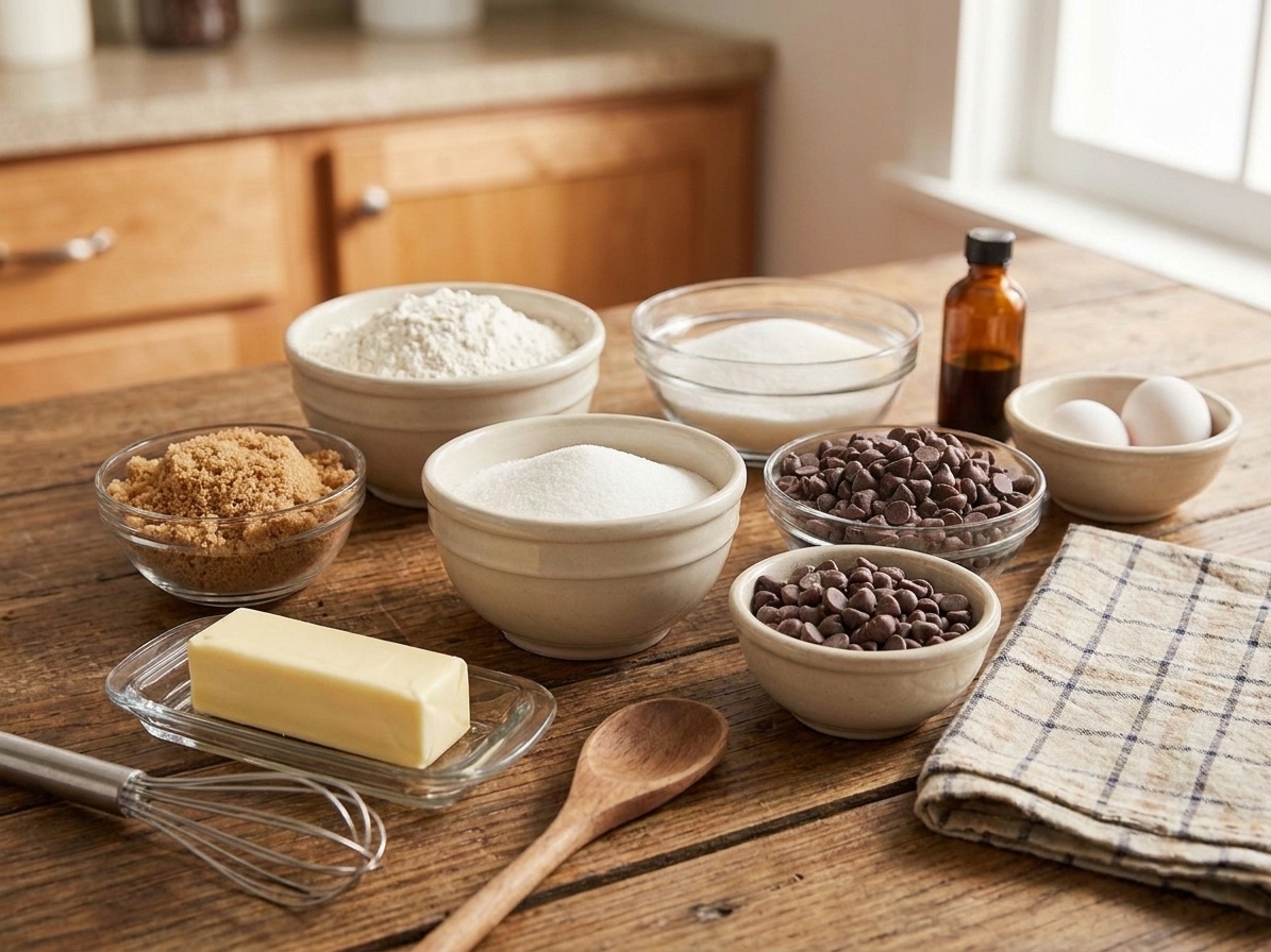 Bowls of flour, brown sugar, white sugar, chocolate chips, butter, eggs, and vanilla arranged on a bright kitchen counter