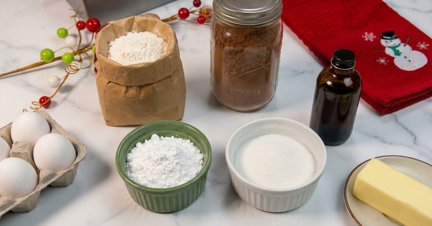 Bowls of flour, cocoa powder, powdered sugar, granulated sugar, eggs, vanilla, and butter arranged on a clean kitchen counter