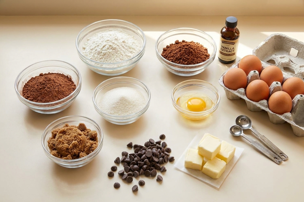 Bowls of flour, cocoa powder, sugar, brown sugar, chocolate chips, butter, eggs, and vanilla arranged on a warm-toned kitchen counter with measuring spoons nearby