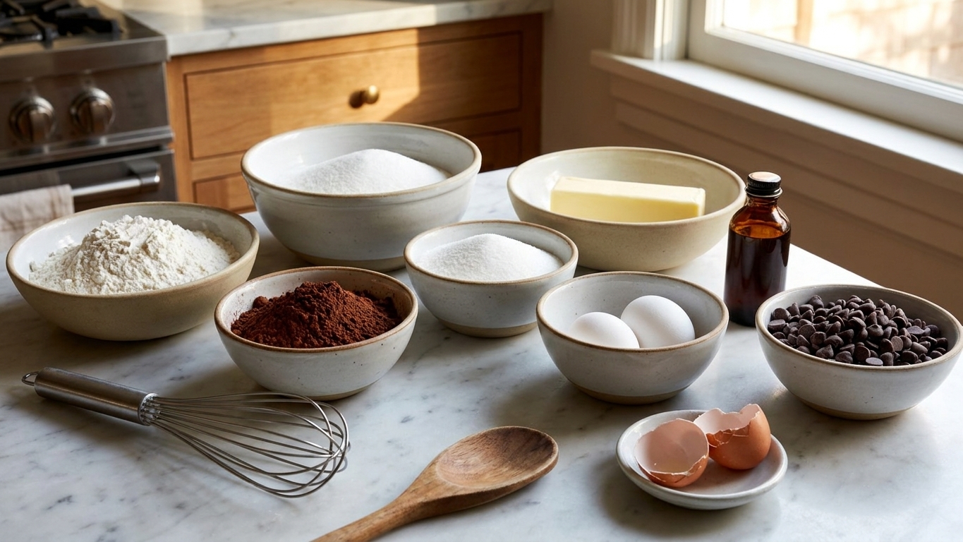Bowls of flour, cocoa powder, sugar, butter, eggs, vanilla, and chocolate chips arranged on a clean kitchen counter in warm light