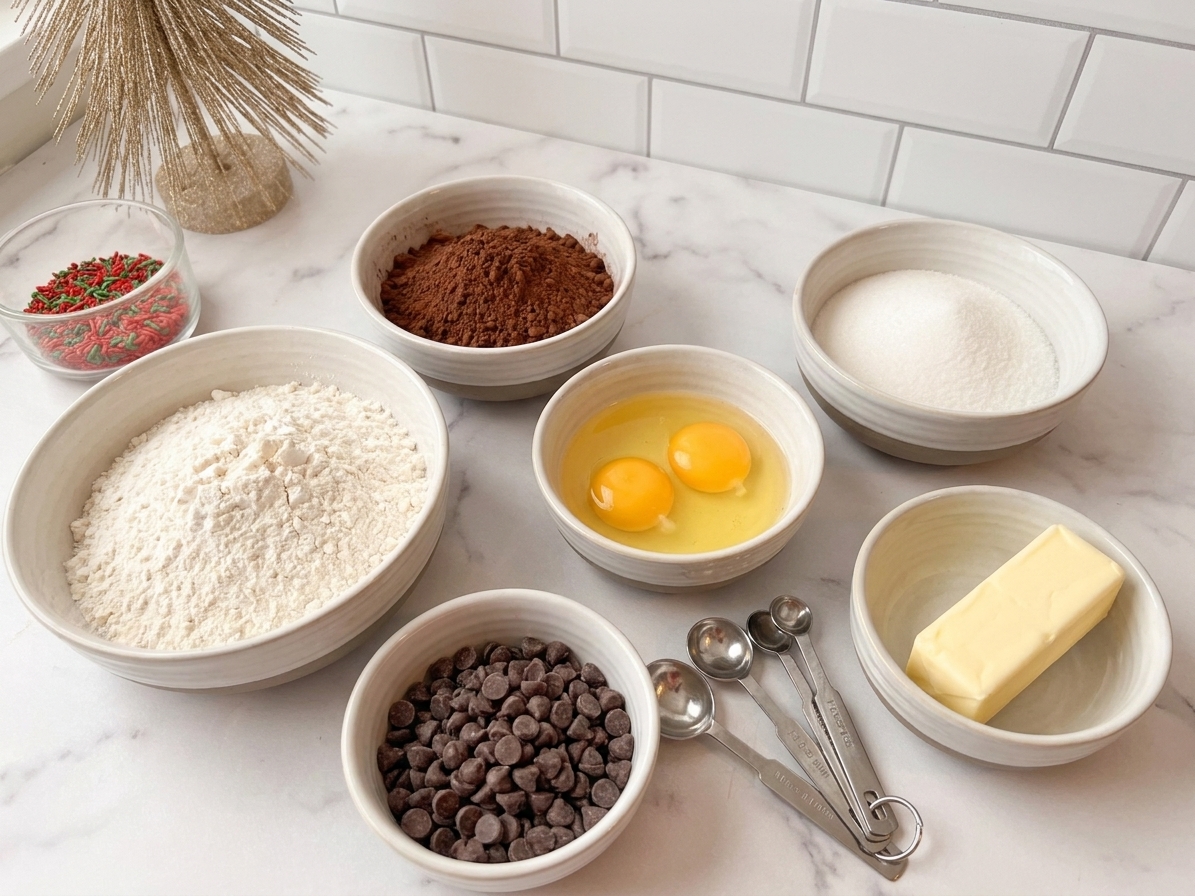 Bowls of flour, cocoa powder, sugar, chocolate chips, eggs, and butter arranged on a clean kitchen counter with measuring spoons