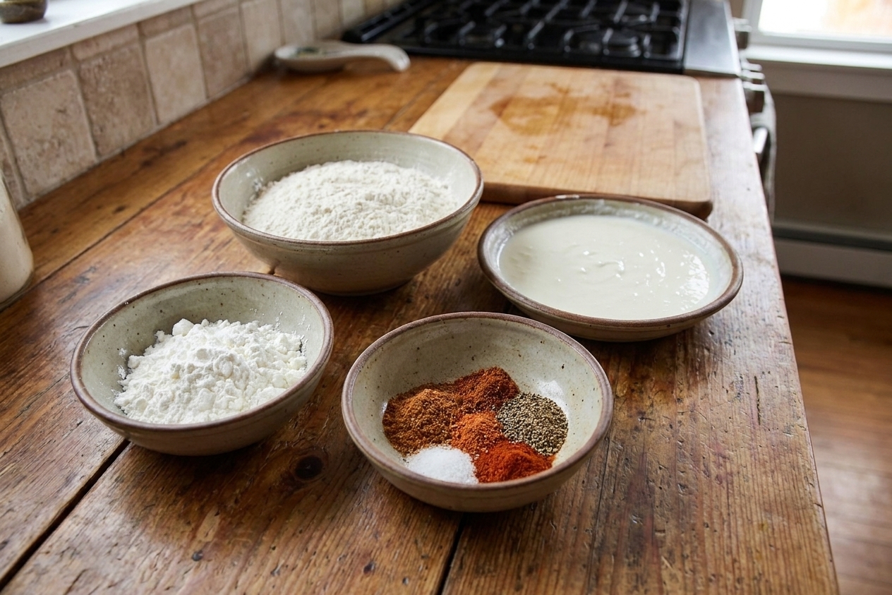 Bowls of flour, cornstarch, and spices with a dish of buttermilk arranged on a kitchen counter ready for breading