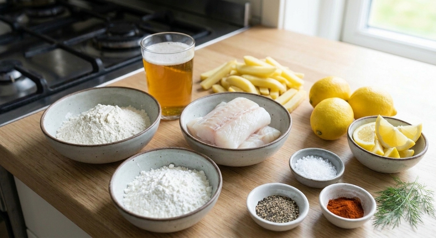 Bowls of flour, cornstarch, beer, cod fillets, potatoes, lemons, and seasonings laid out on a bright kitchen counter