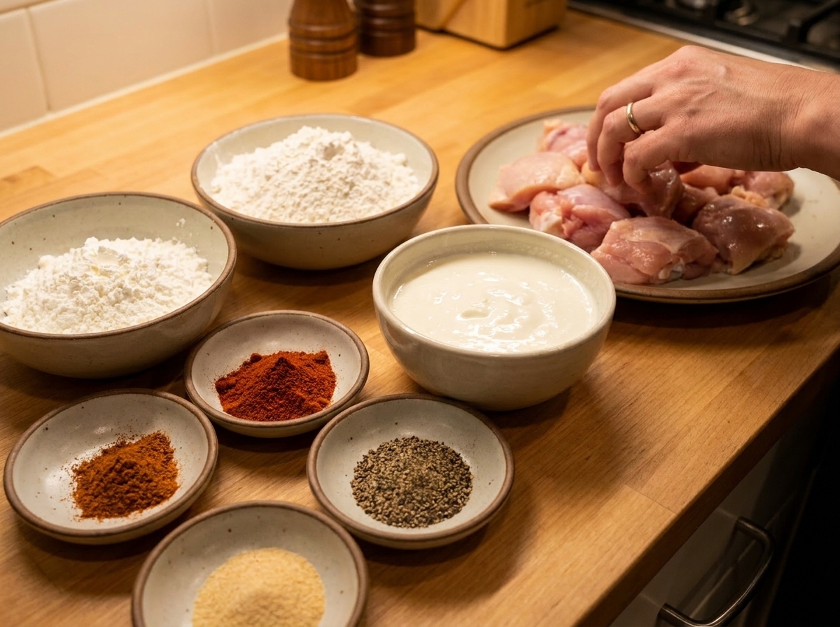 Bowls of flour, cornstarch, spices, buttermilk, and raw chicken pieces arranged on a clean kitchen counter with warm lighting