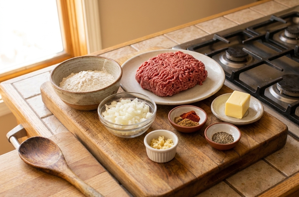 Bowls of flour, ground beef, chopped onion, minced garlic, spices, and butter arranged on a clean kitchen counter in bright natural light