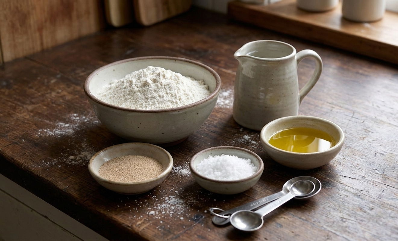 Bowls of flour, instant yeast, salt, olive oil, and warm water arranged on a home kitchen counter with a measuring spoon set