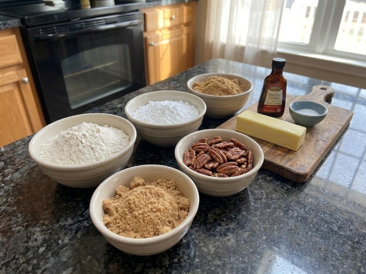 Bowls of flour, powdered sugar, brown sugar, butter, vanilla, salt, and pecans arranged on a bright kitchen counter