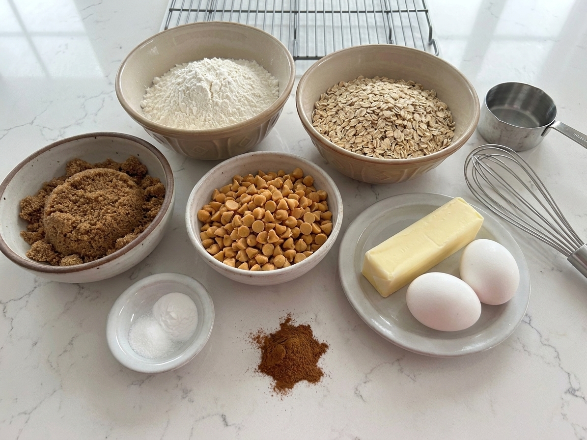 Bowls of flour, rolled oats, brown sugar, butterscotch chips, butter, eggs, baking soda, salt, and cinnamon arranged on a light kitchen counter