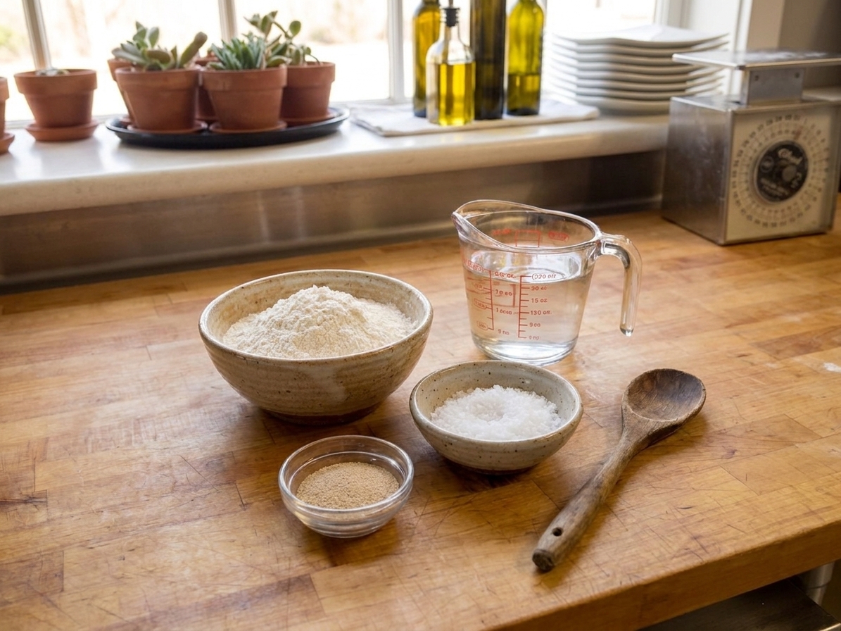 Bowls of flour, salt, instant yeast, and a measuring cup of water arranged on a clean kitchen counter with a wooden spoon