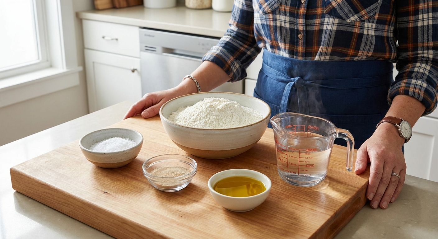 Bowls of flour, salt, yeast, olive oil, and a measuring cup of warm water arranged on a clean kitchen counter